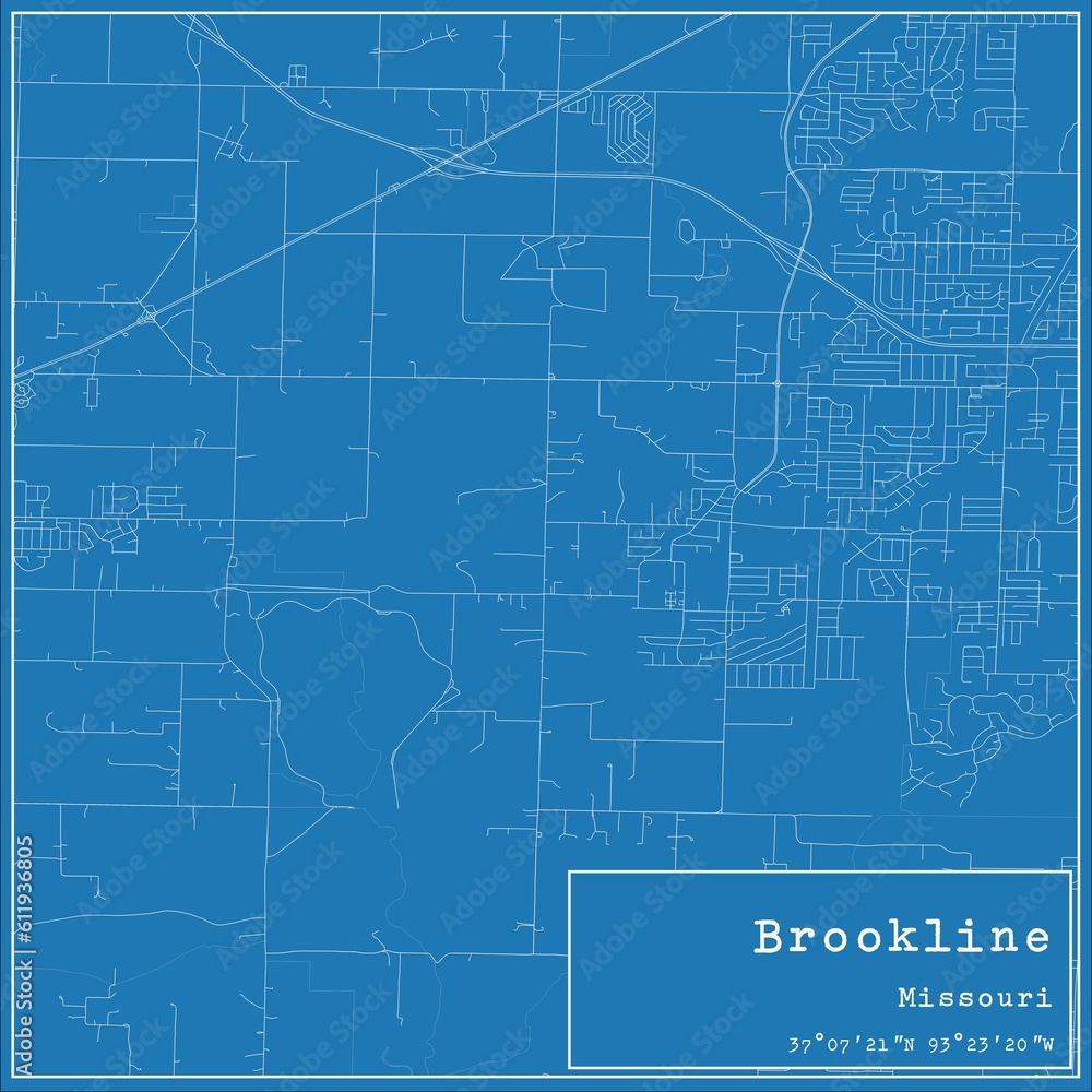 Blueprint US city map of Brookline, Missouri.