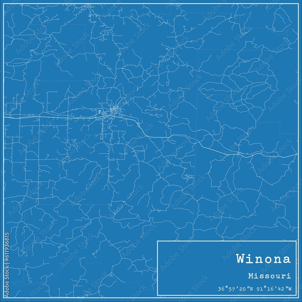 Blueprint US city map of Winona, Missouri.
