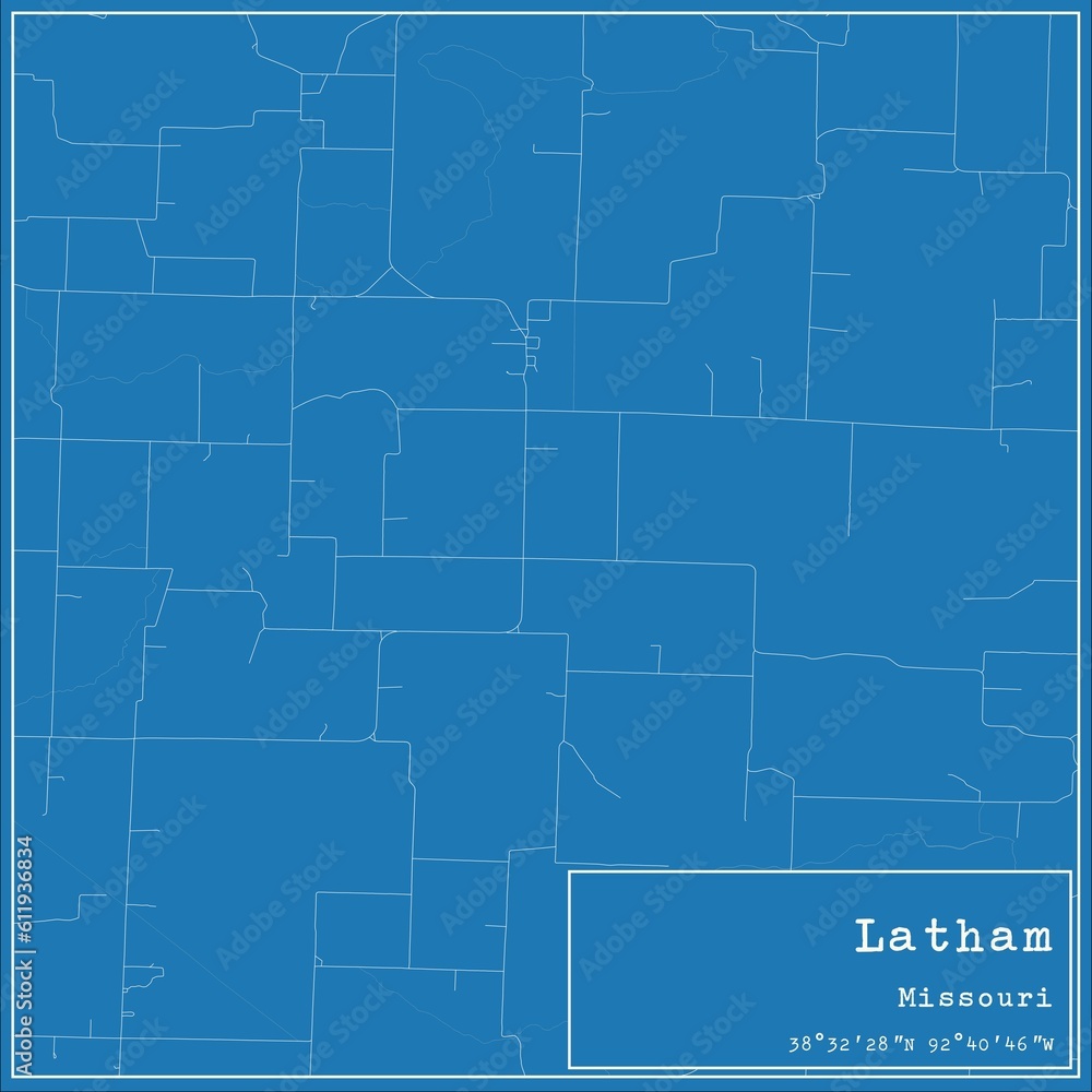 Obraz premium Blueprint US city map of Latham, Missouri.
