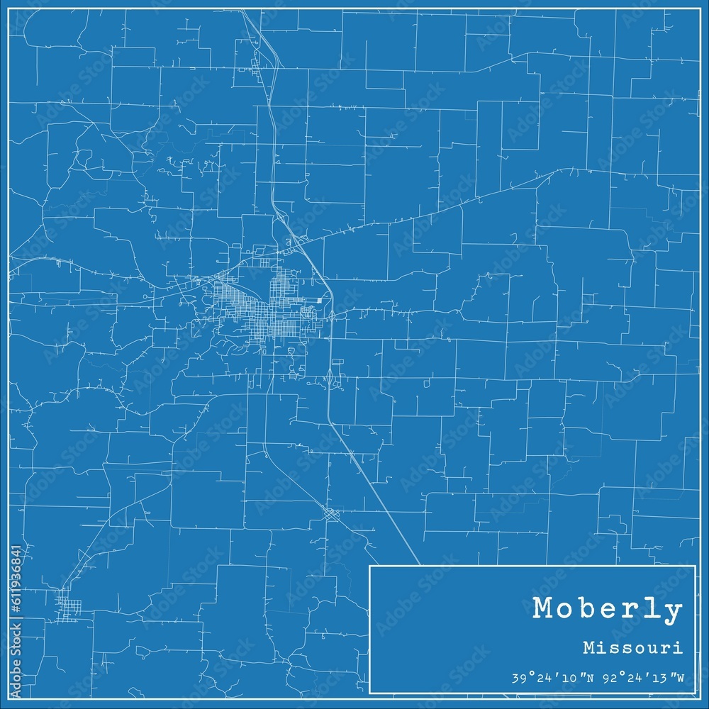 Blueprint US city map of Moberly, Missouri.