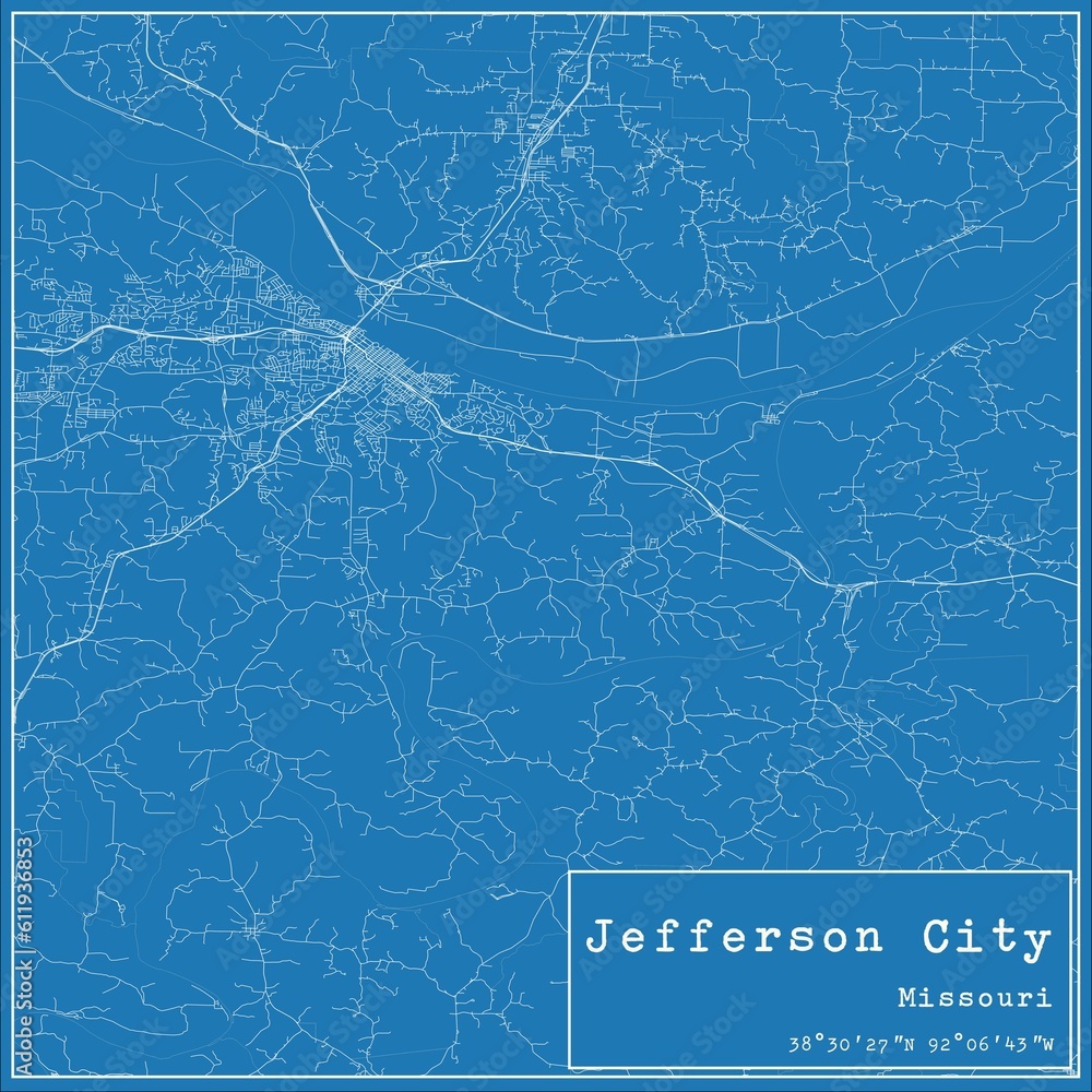 Blueprint US city map of Jefferson City, Missouri.