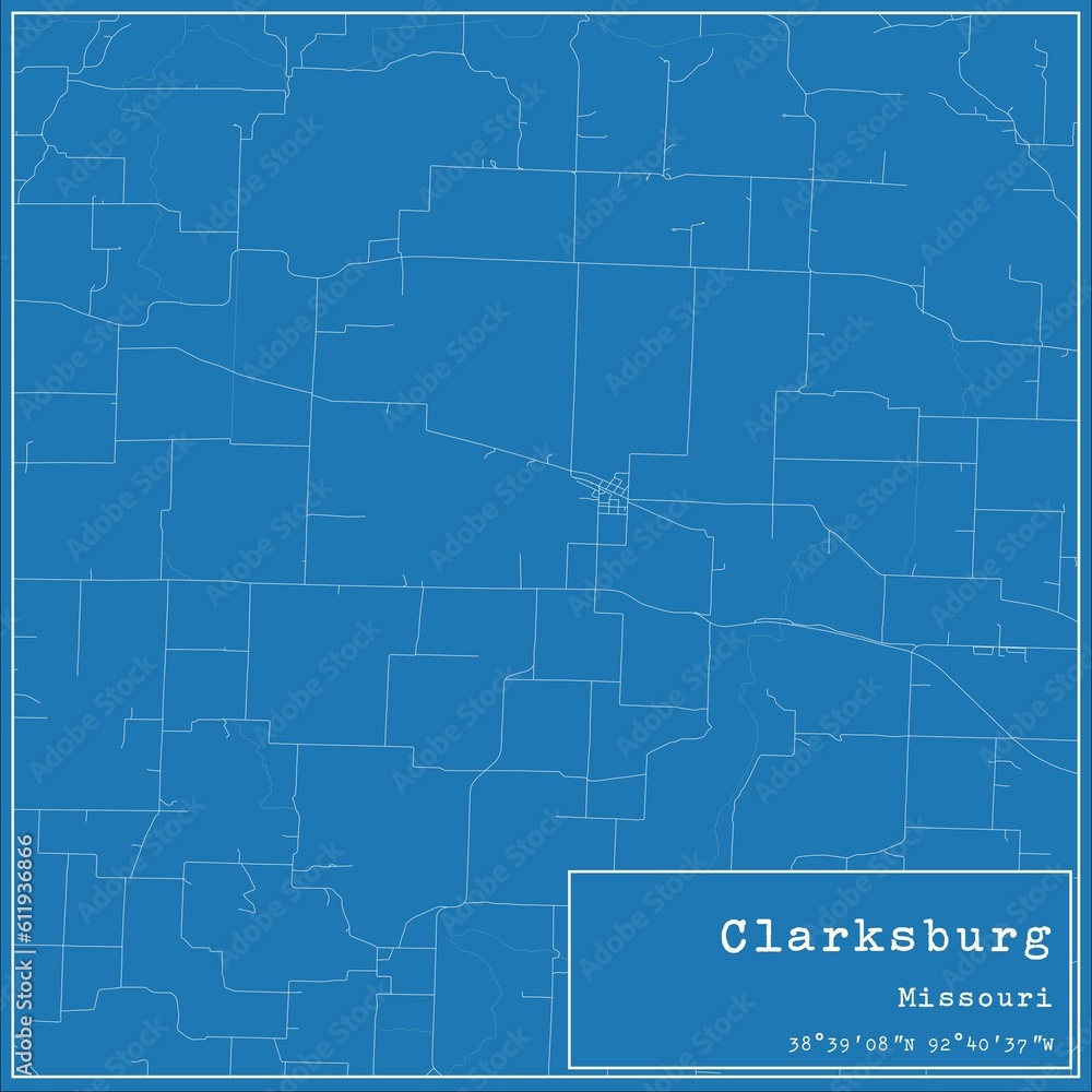 Blueprint US city map of Clarksburg, Missouri.