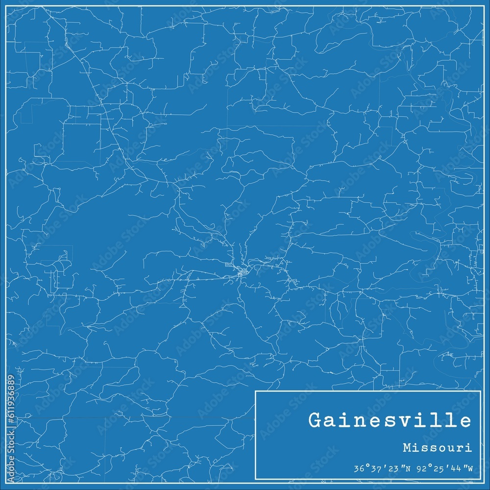 Blueprint US city map of Gainesville, Missouri.