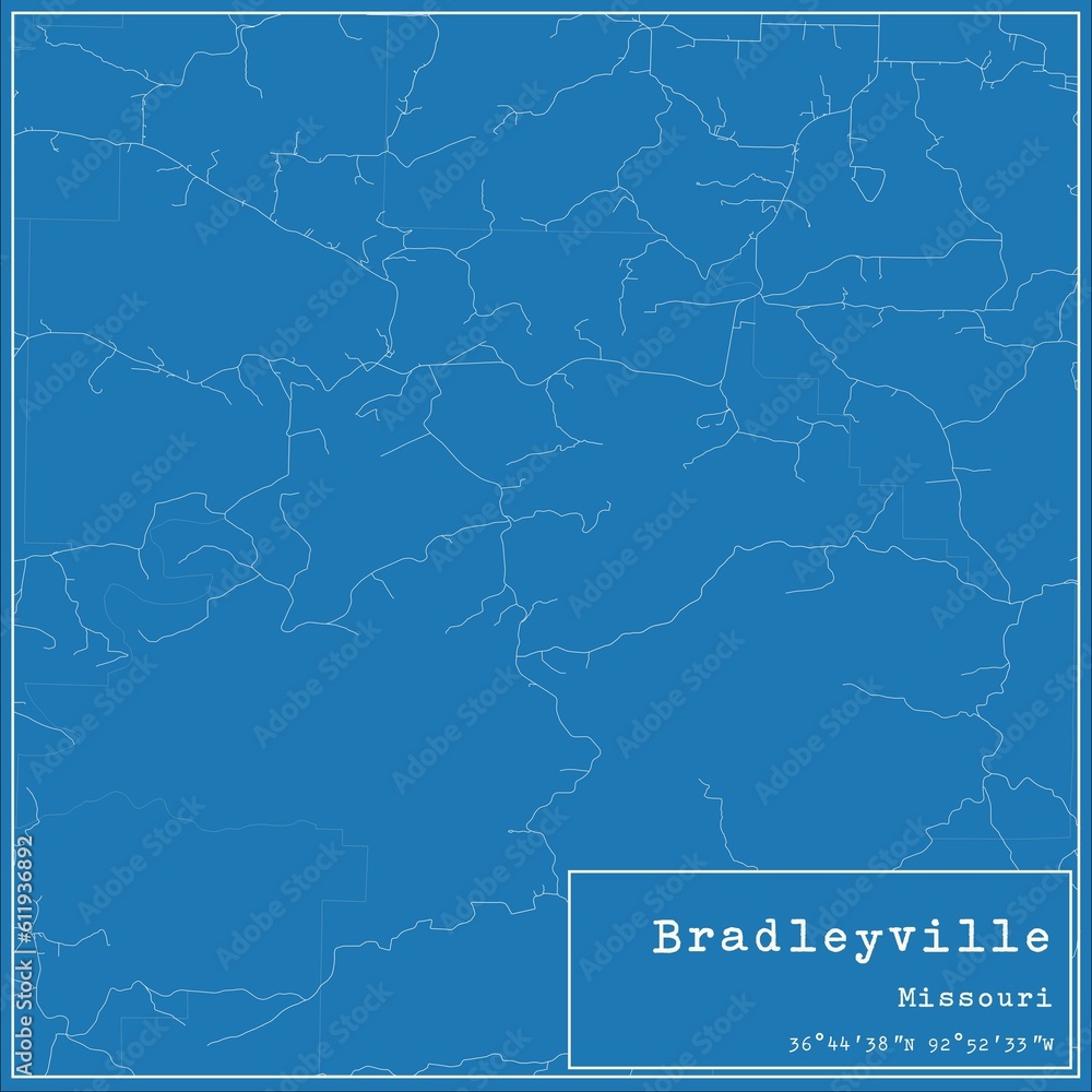 Blueprint US city map of Bradleyville, Missouri.