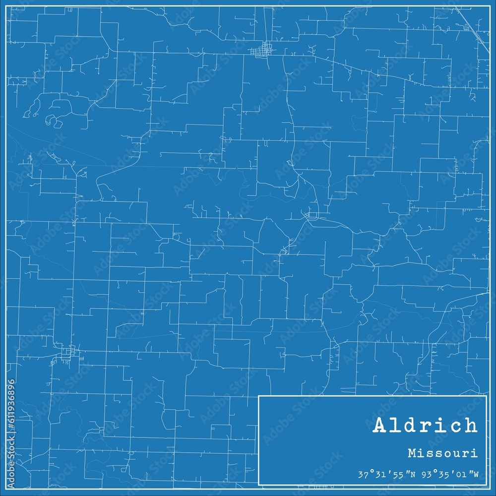 Blueprint US city map of Aldrich, Missouri.