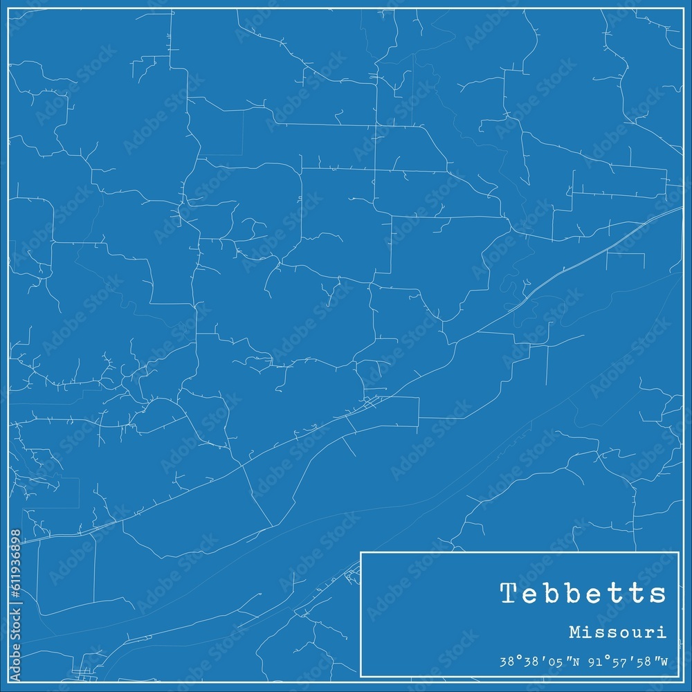 Blueprint US city map of Tebbetts, Missouri.