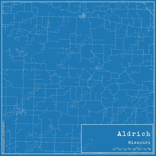 Blueprint US city map of Aldrich, Missouri.
