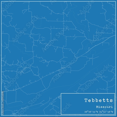 Blueprint US city map of Tebbetts  Missouri.