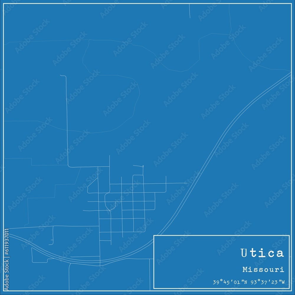 Blueprint US city map of Utica, Missouri.