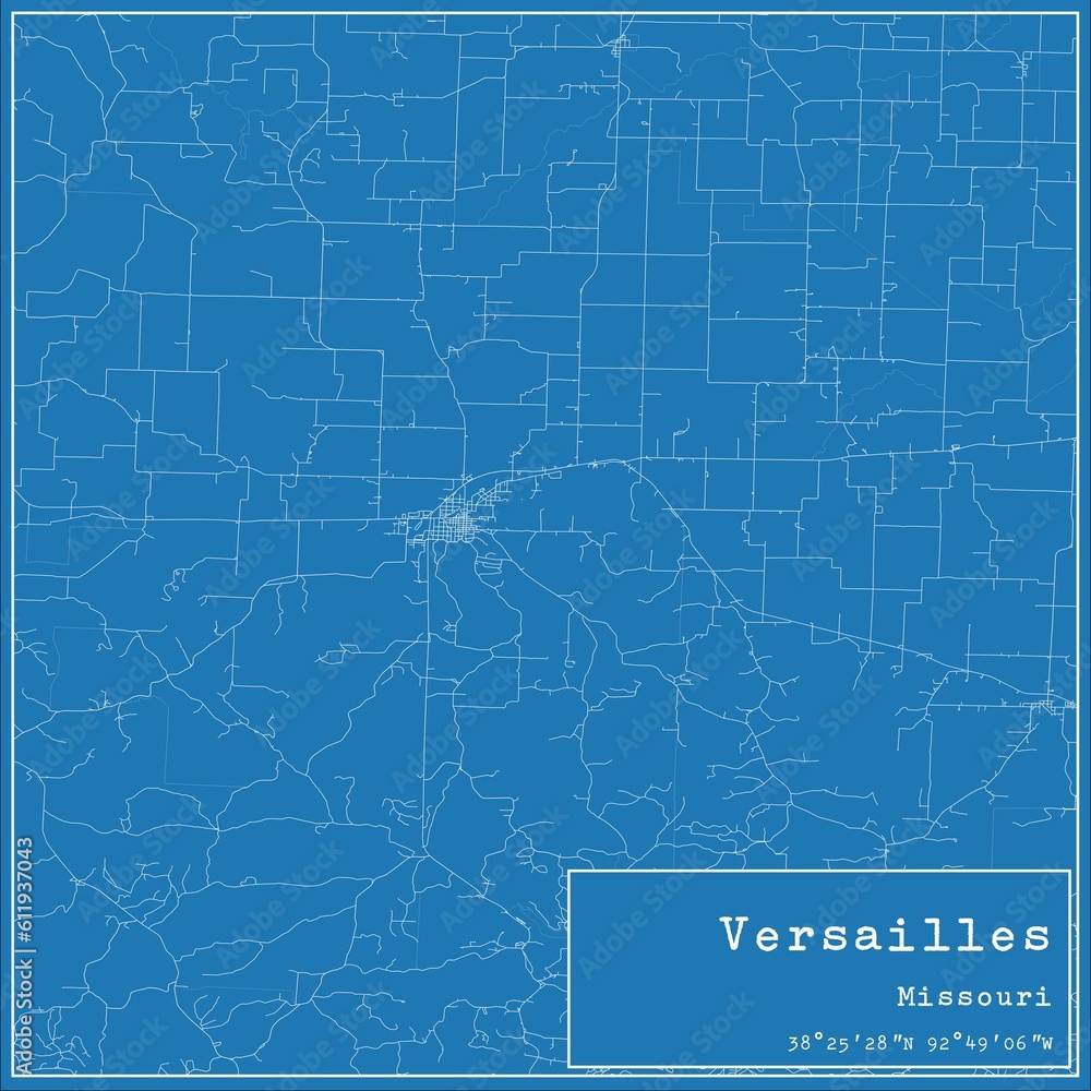 Blueprint US city map of Versailles, Missouri.