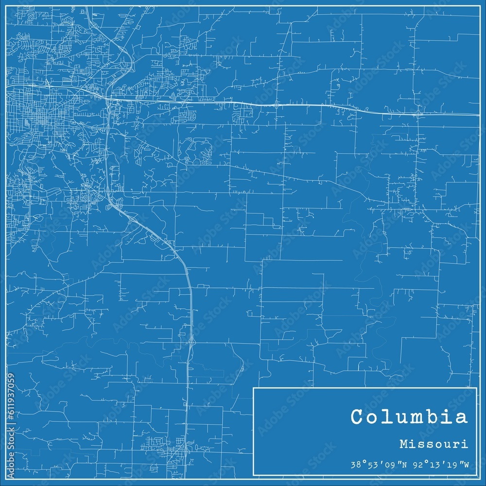Blueprint US city map of Columbia, Missouri. Blueprint US city map of Columbia, Missouri.
