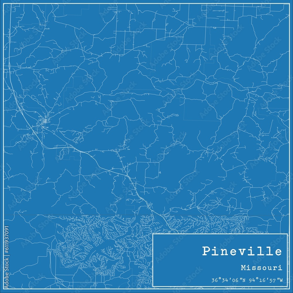 Blueprint US city map of Pineville, Missouri.