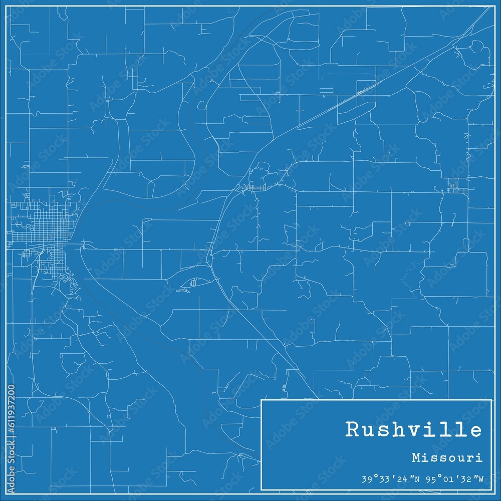 Blueprint US city map of Rushville, Missouri.