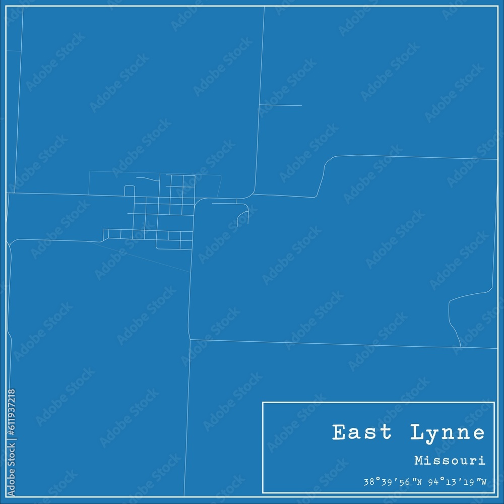 Blueprint US city map of East Lynne, Missouri.