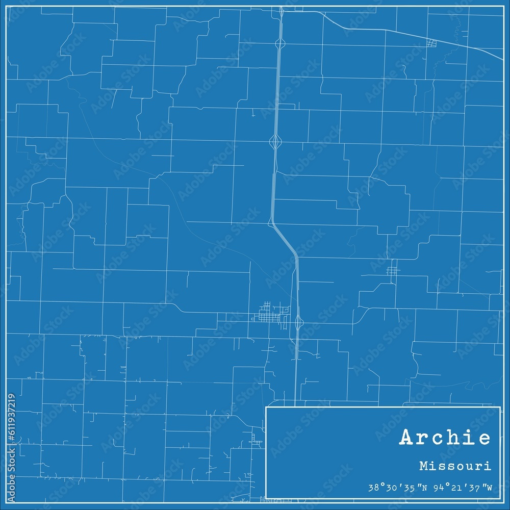 Blueprint US city map of Archie, Missouri.