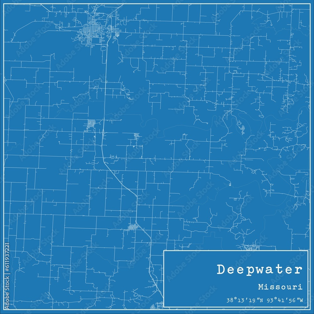 Blueprint US city map of Deepwater, Missouri.