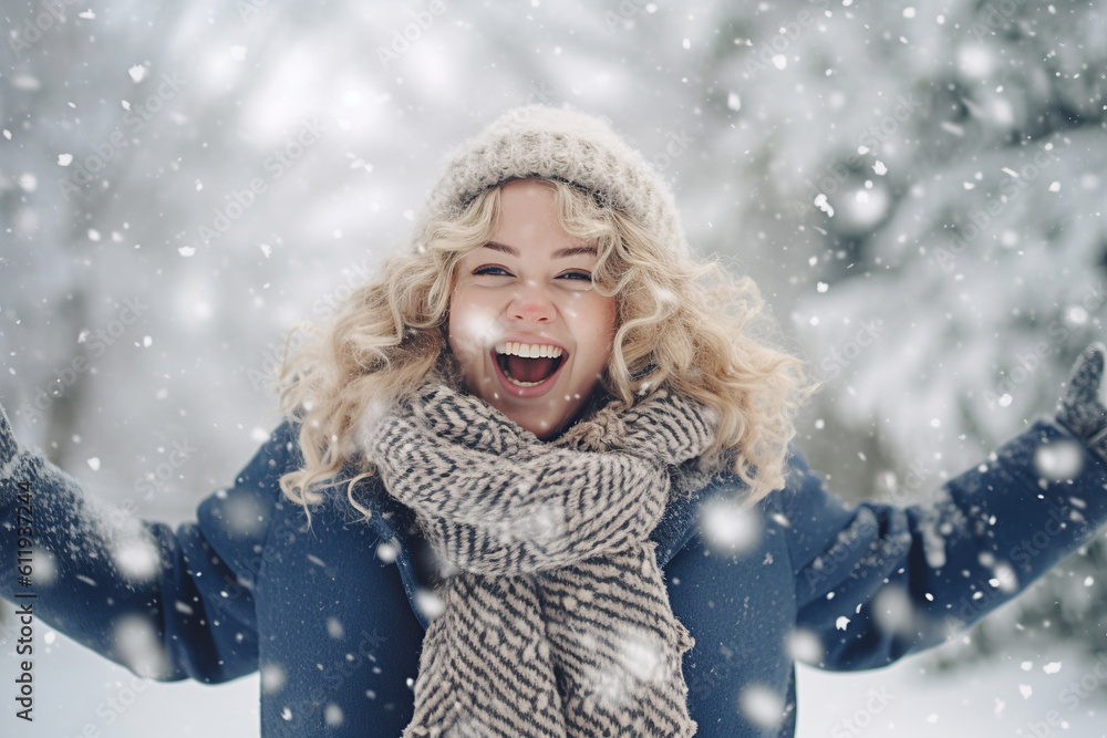 Beautiful overweight woman enjoying winter snowflakes in a joyful outdoor moment. Generative AI Beautiful overweight woman enjoying winter snowflakes in a joyful outdoor moment. Generative AI