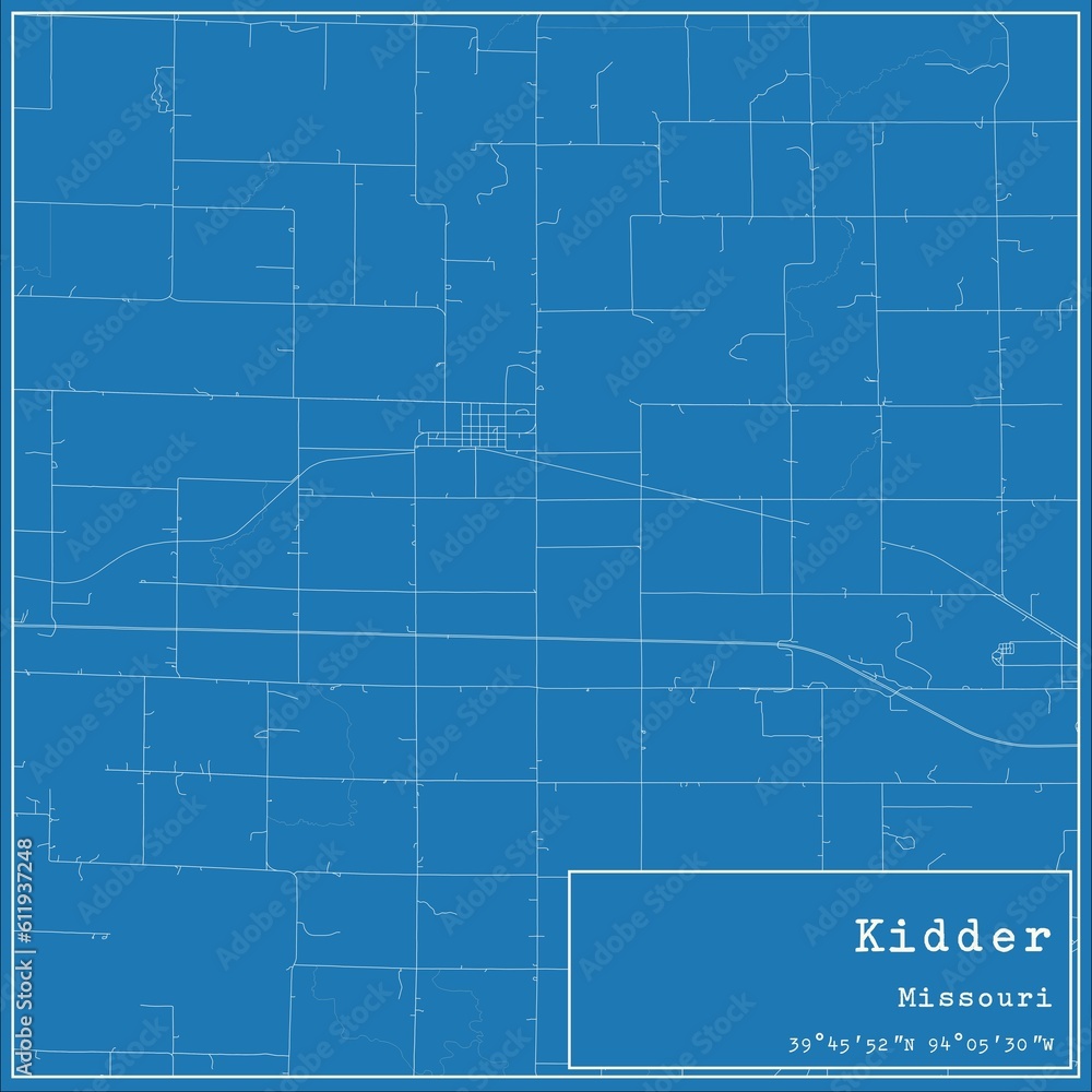 Blueprint US city map of Kidder, Missouri.