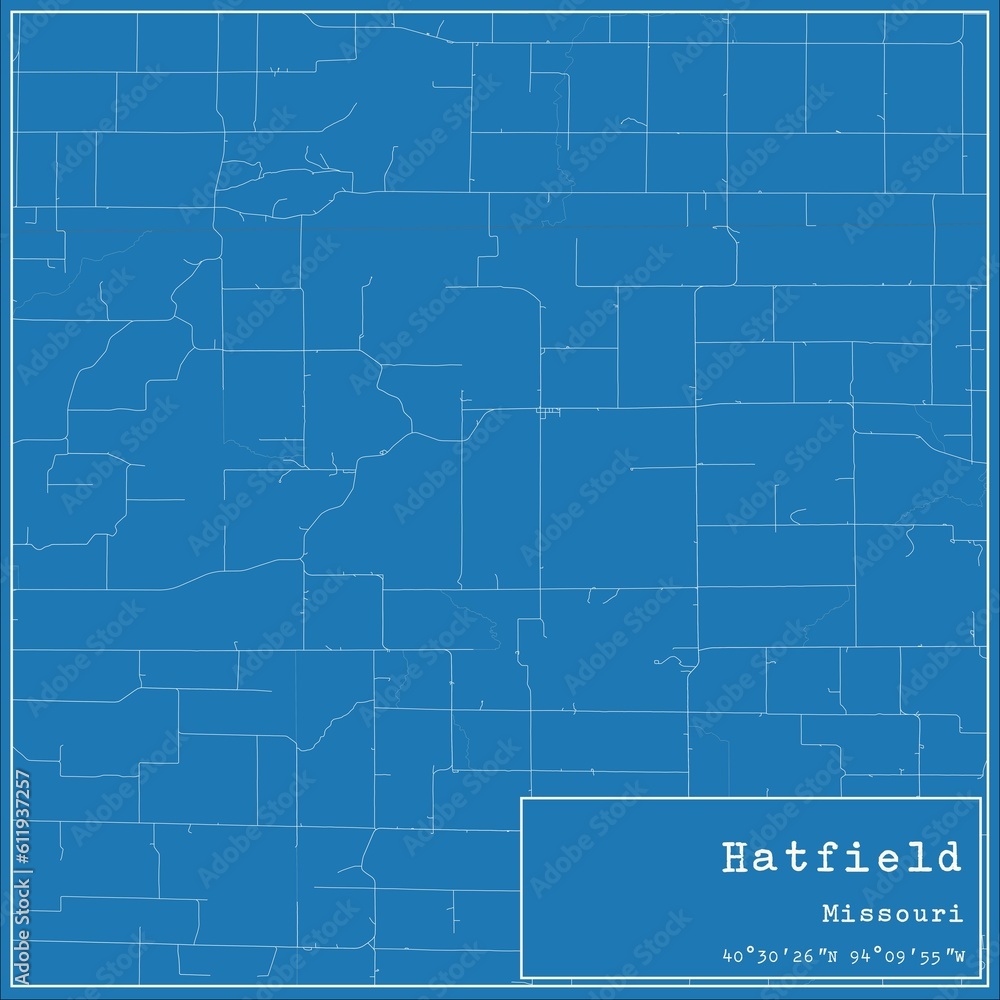 Blueprint US city map of Hatfield, Missouri.