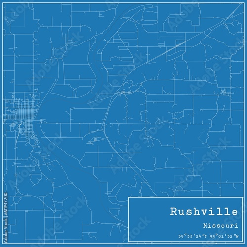 Blueprint US city map of Rushville, Missouri.