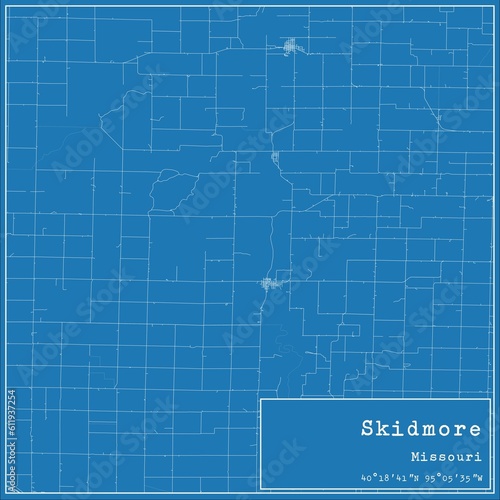 Blueprint US city map of Skidmore, Missouri.