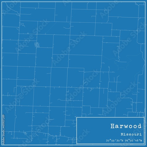 Blueprint US city map of Harwood, Missouri.