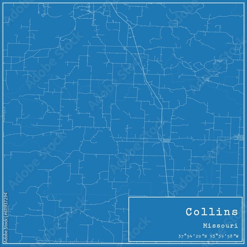 Blueprint US city map of Collins  Missouri.