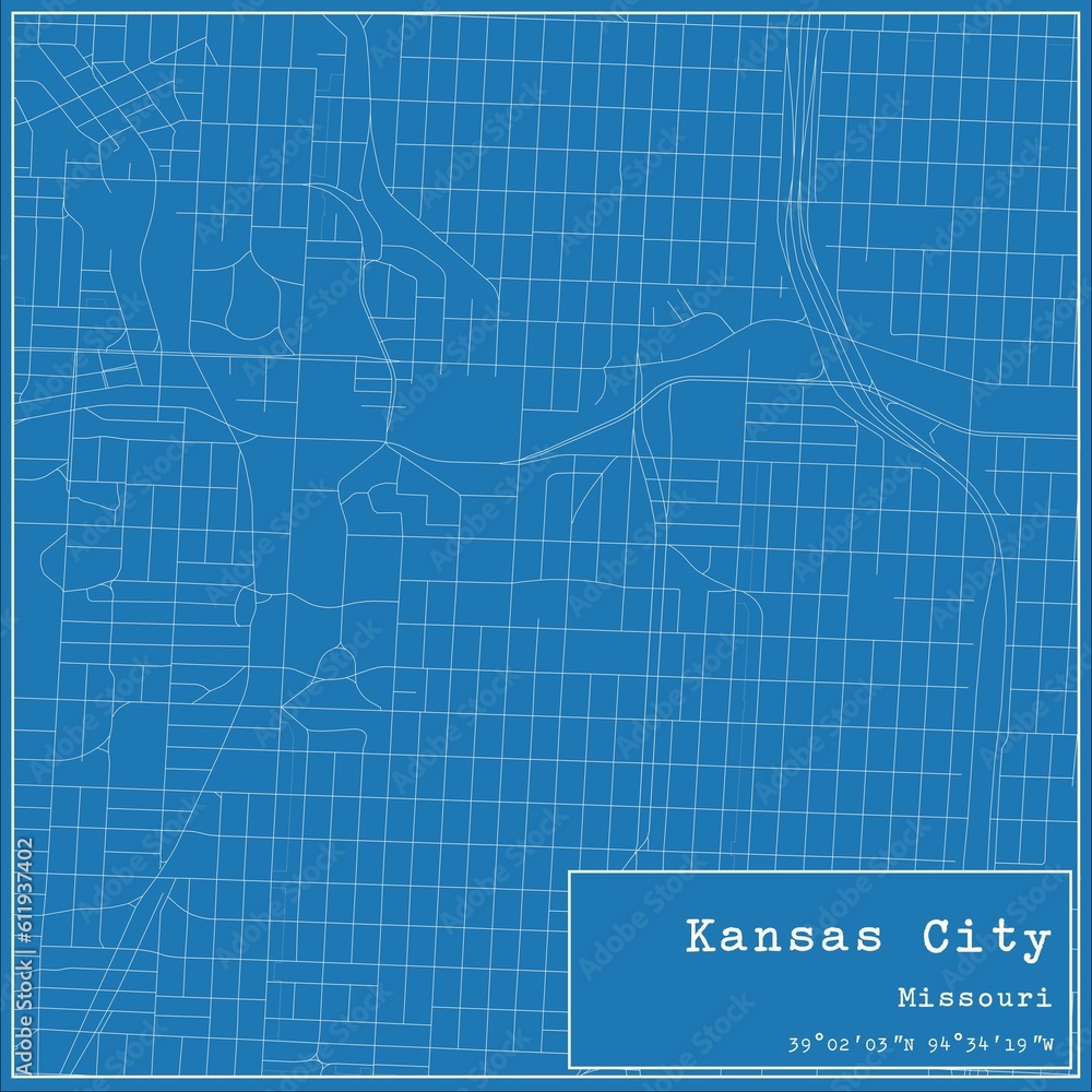 Blueprint US city map of Kansas City, Missouri. Blueprint US city map of Kansas City, Missouri.
