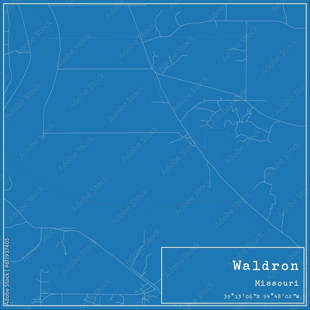 Blueprint US city map of Waldron, Missouri.