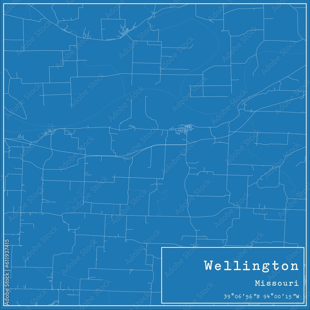 Obraz premium Blueprint US city map of Wellington, Missouri.
