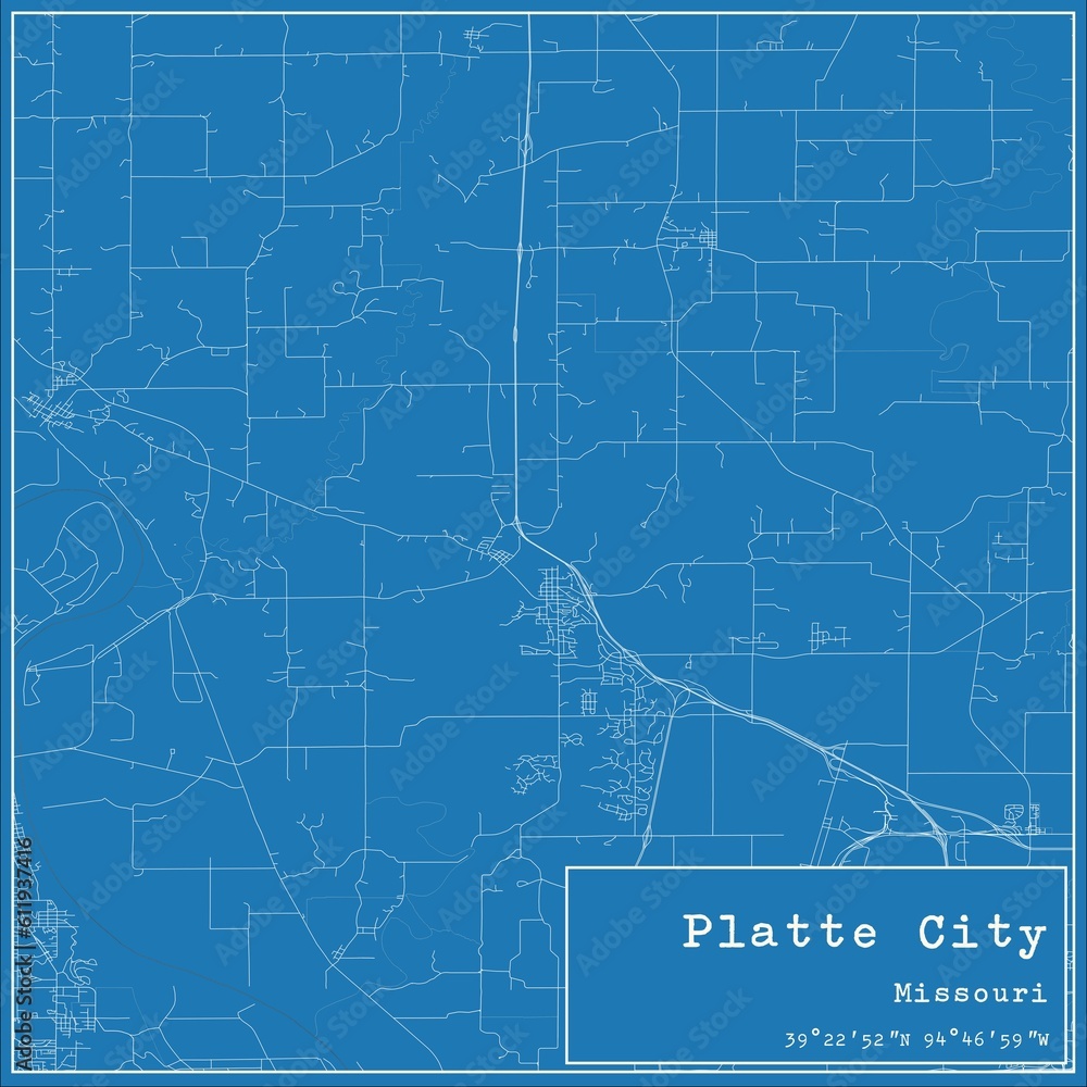 Blueprint US city map of Platte City, Missouri.