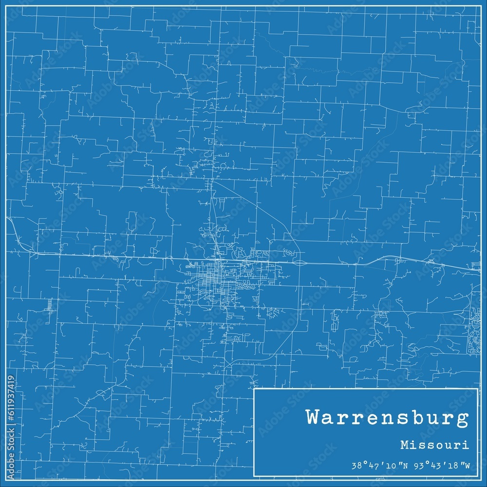 Blueprint US city map of Warrensburg, Missouri.