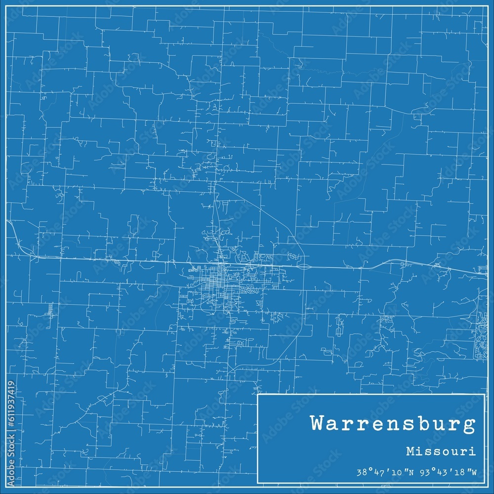 Obraz premium Blueprint US city map of Warrensburg, Missouri.