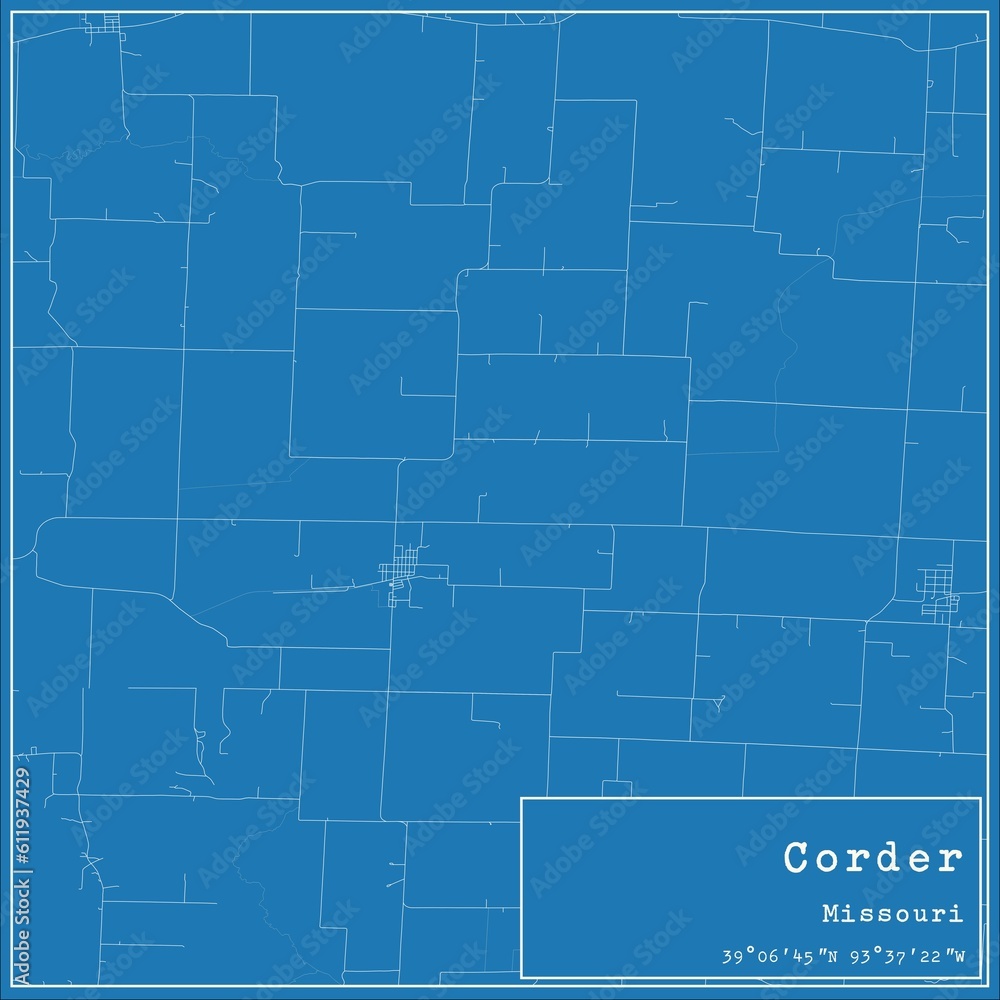 Blueprint US city map of Corder, Missouri.