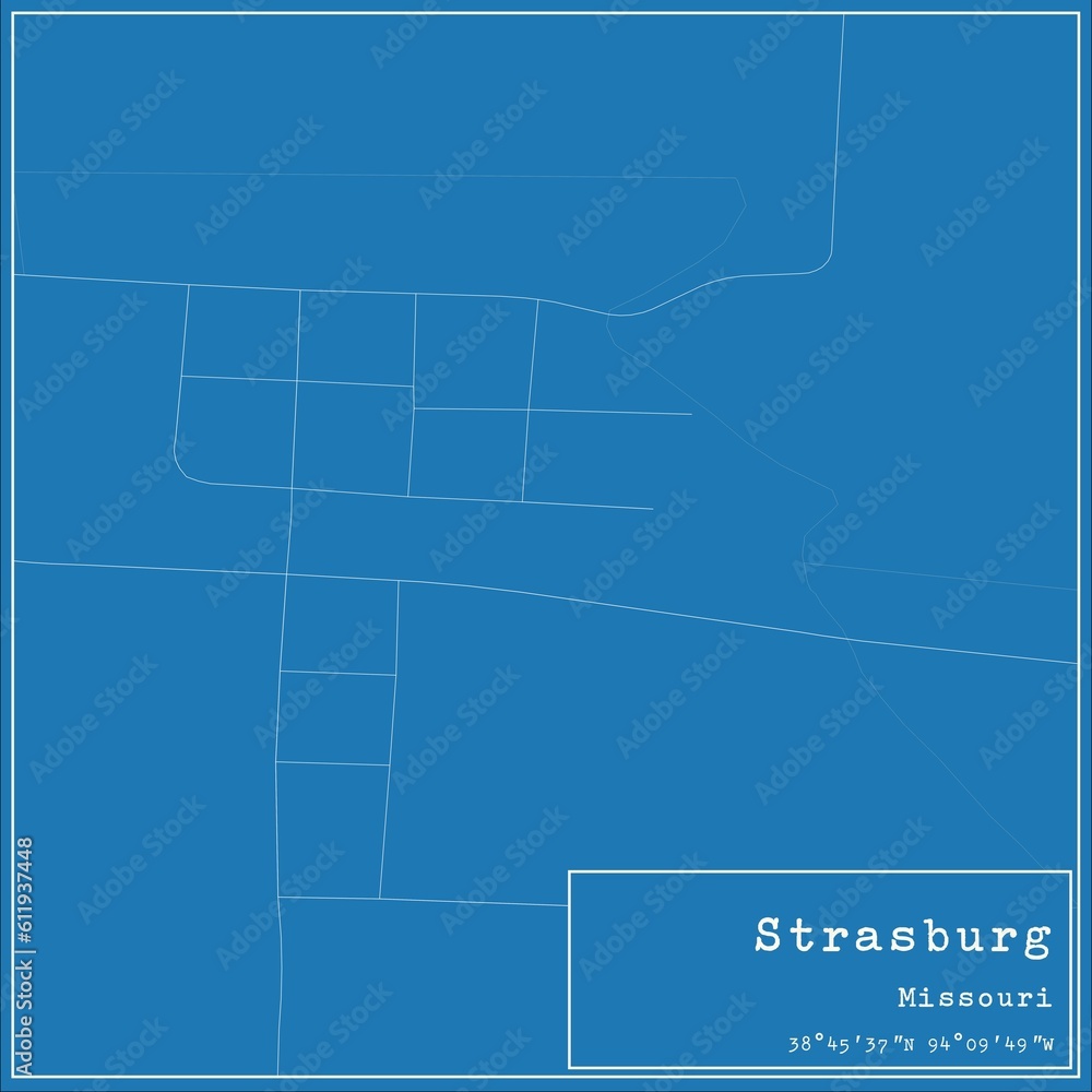 Blueprint US city map of Strasburg, Missouri.