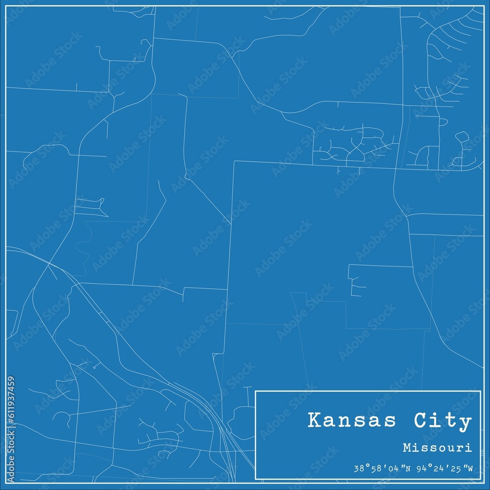 Blueprint US city map of Kansas City, Missouri.