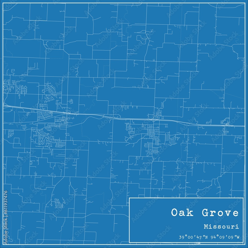 Blueprint US city map of Oak Grove, Missouri.