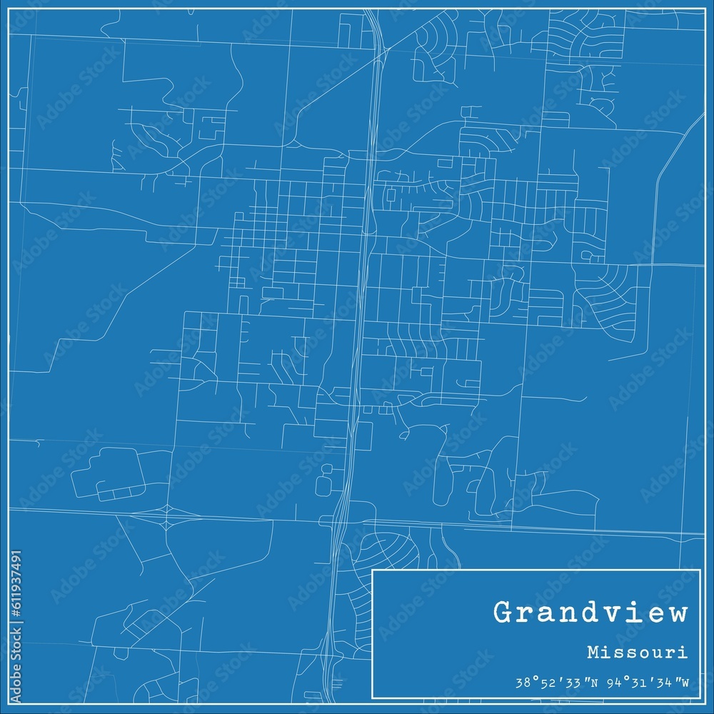 Blueprint US city map of Grandview, Missouri.