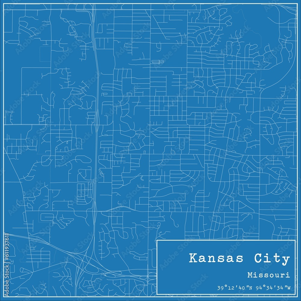 Blueprint US city map of Kansas City, Missouri. Blueprint US city map of Kansas City, Missouri.