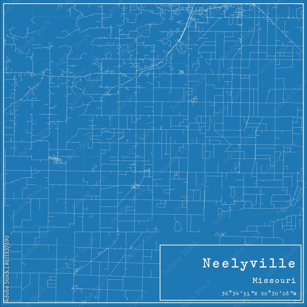 Blueprint US city map of Neelyville, Missouri.