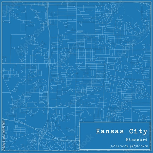 Blueprint US city map of Kansas City, Missouri.