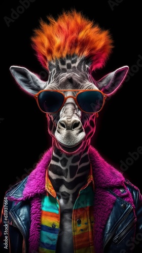 Illustration of a giraffe wearing sunglasses with colourful hair and a multicoloured Jacket created with Generative AI technology © AI Visual Vault