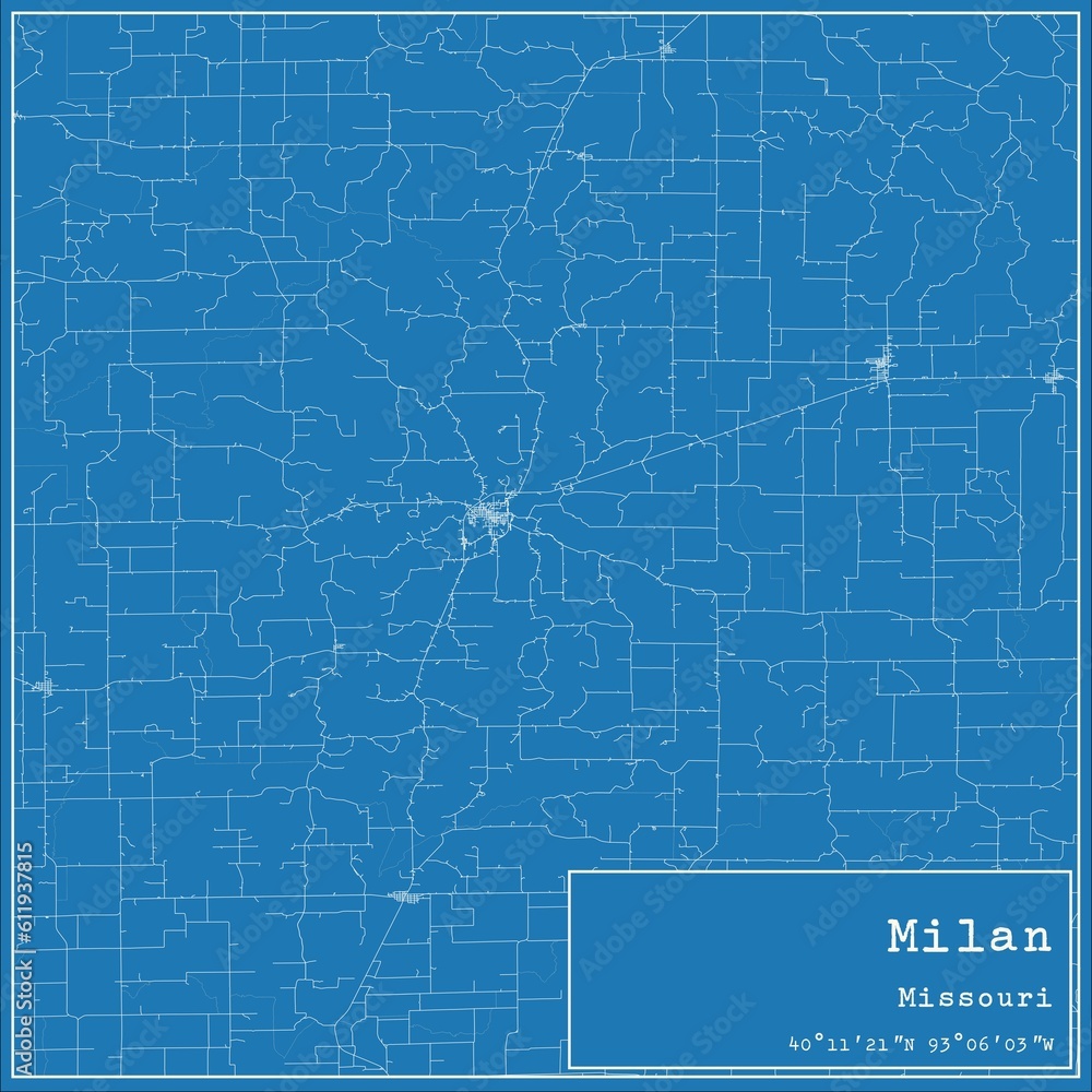 Blueprint US city map of Milan, Missouri.