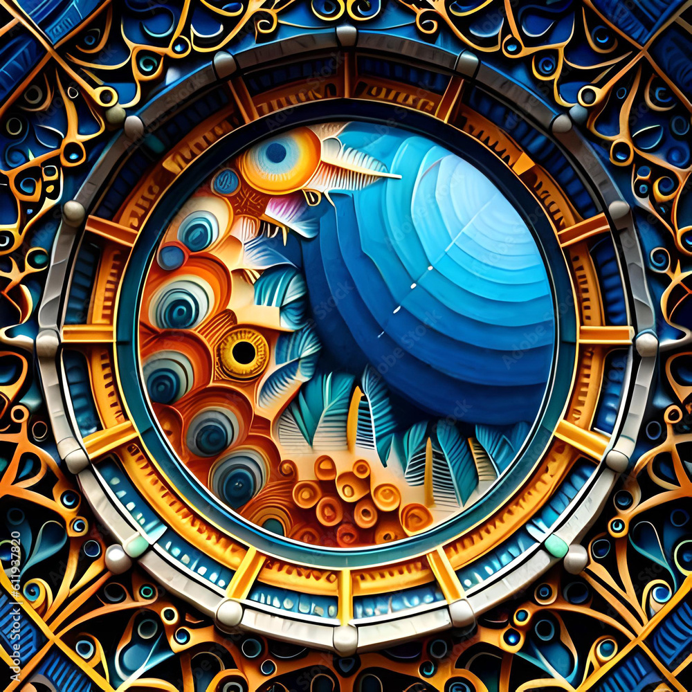 Fototapeta premium Abstract 3d background with mandala and ornamental pattern. Generative Ai.
