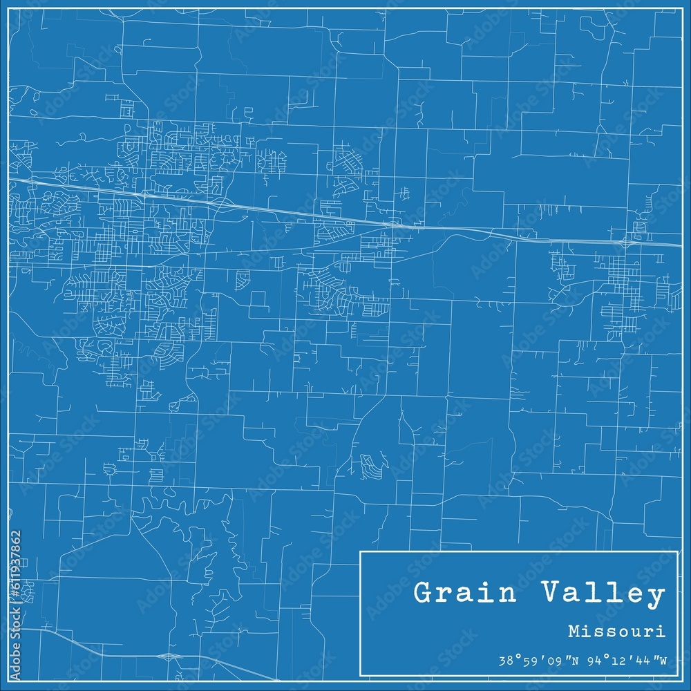 Blueprint US city map of Grain Valley, Missouri.