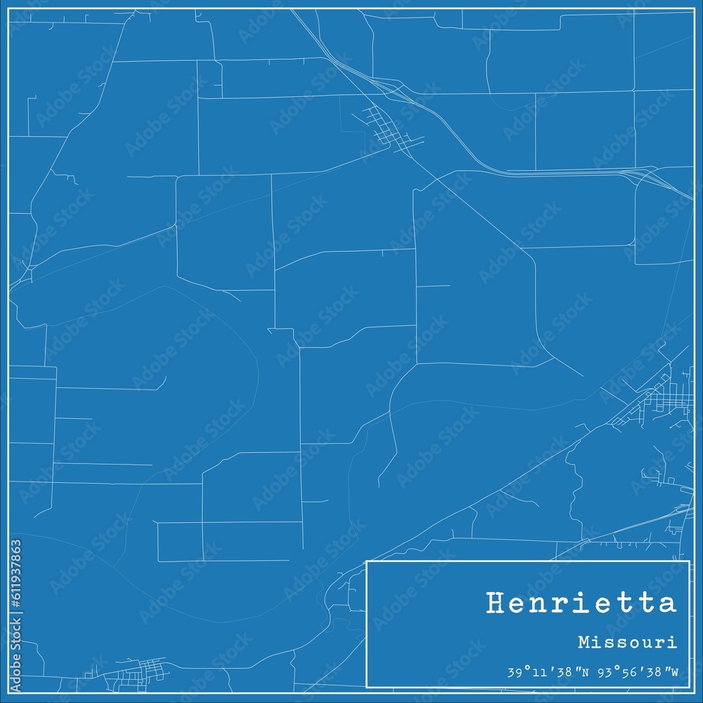 Blueprint US city map of Henrietta, Missouri.