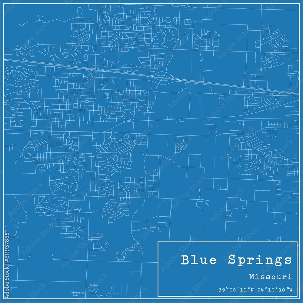 Blueprint US city map of Blue Springs, Missouri.