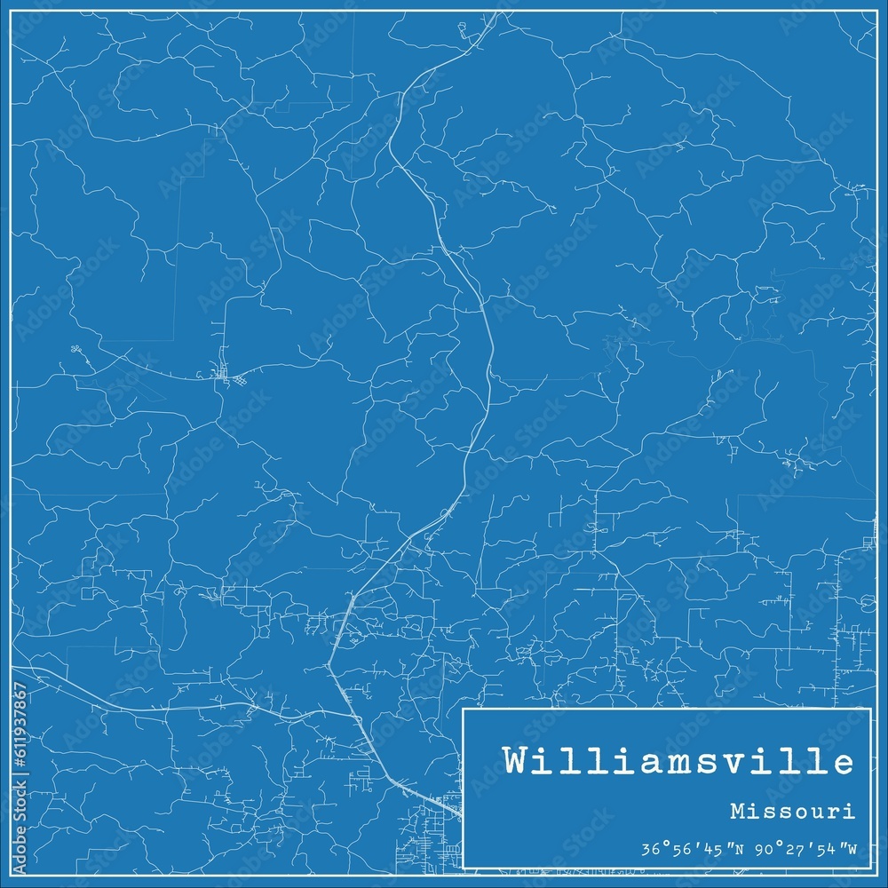 Blueprint US city map of Williamsville, Missouri.