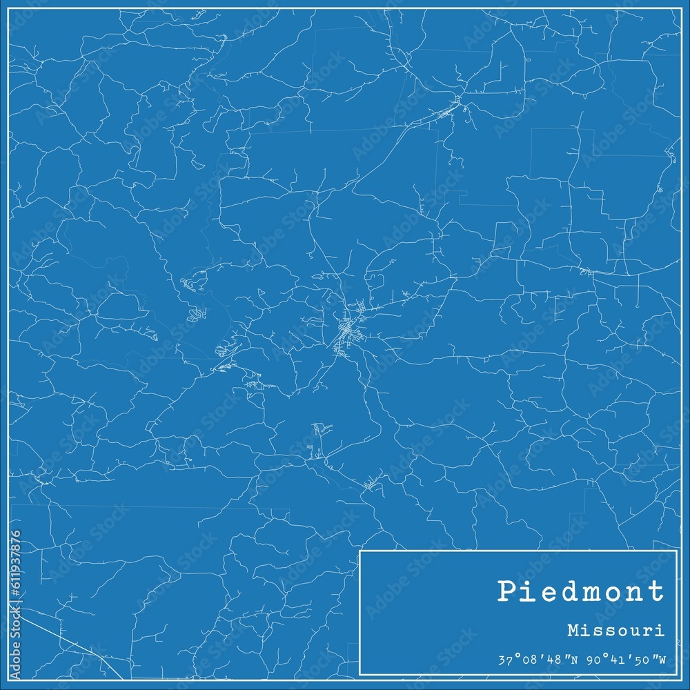 Blueprint US city map of Piedmont, Missouri.