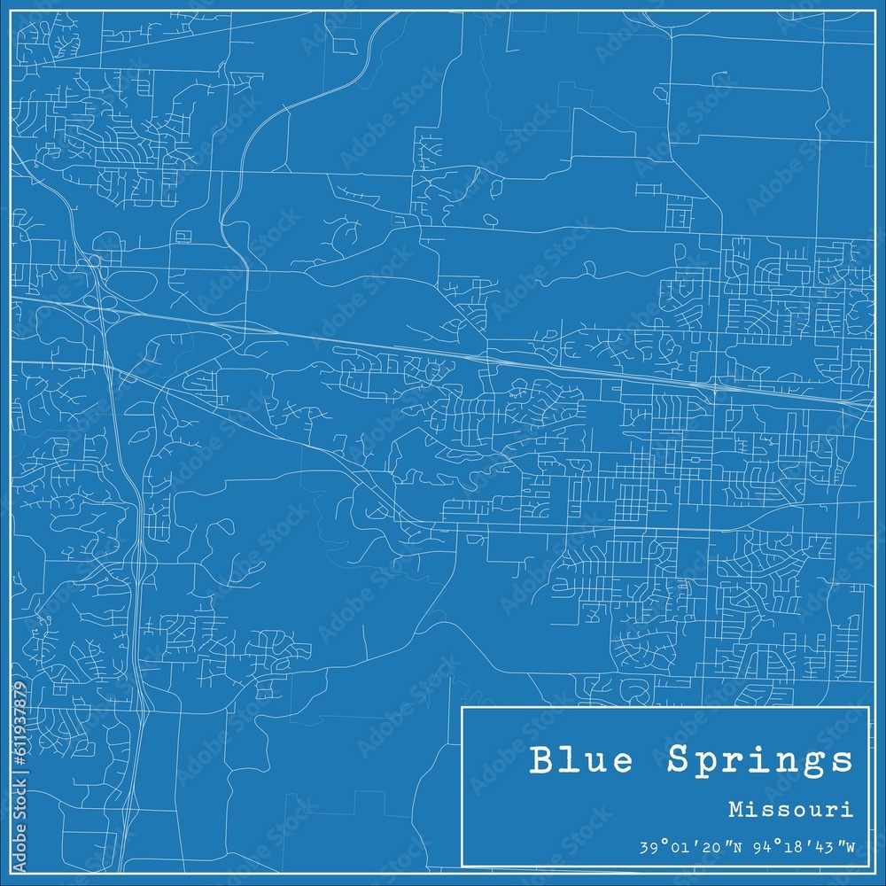 Obraz premium Blueprint US city map of Blue Springs, Missouri.